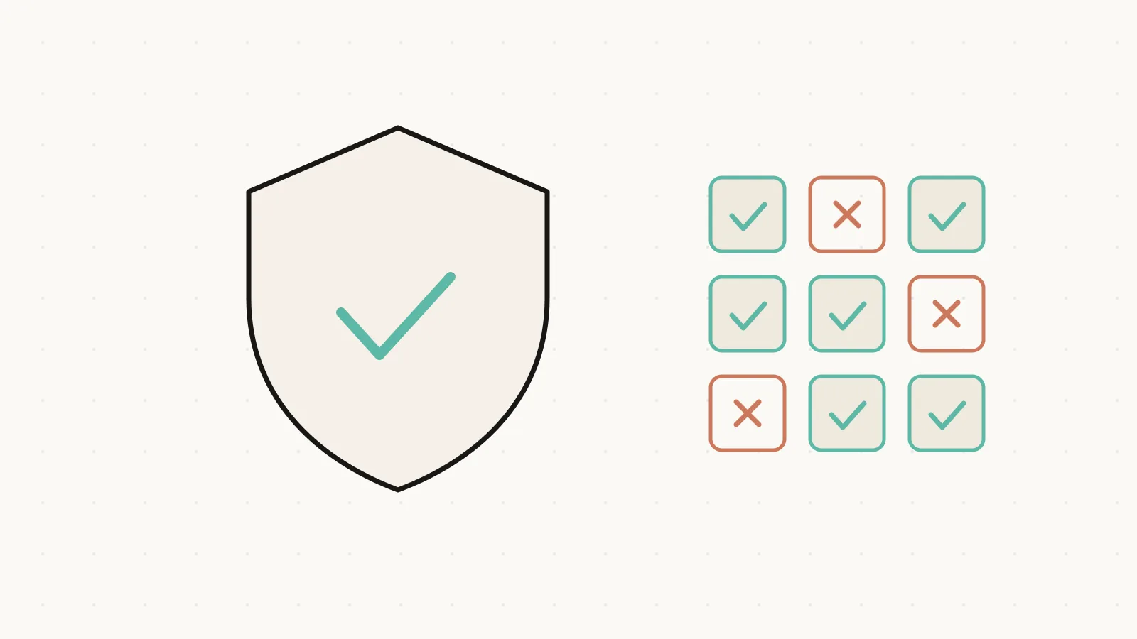 Illustration of a shield with a teal checkmark surrounded by a grid of audit tiles